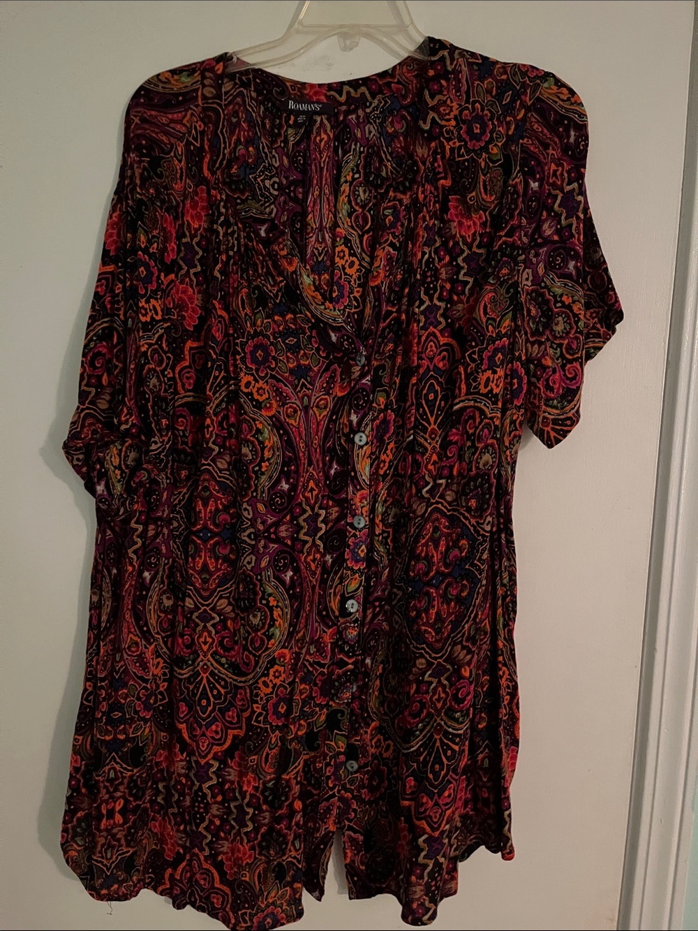 Roaman's Multicolor Paisley Button-Front Blouse - Black Base with Red & Pink